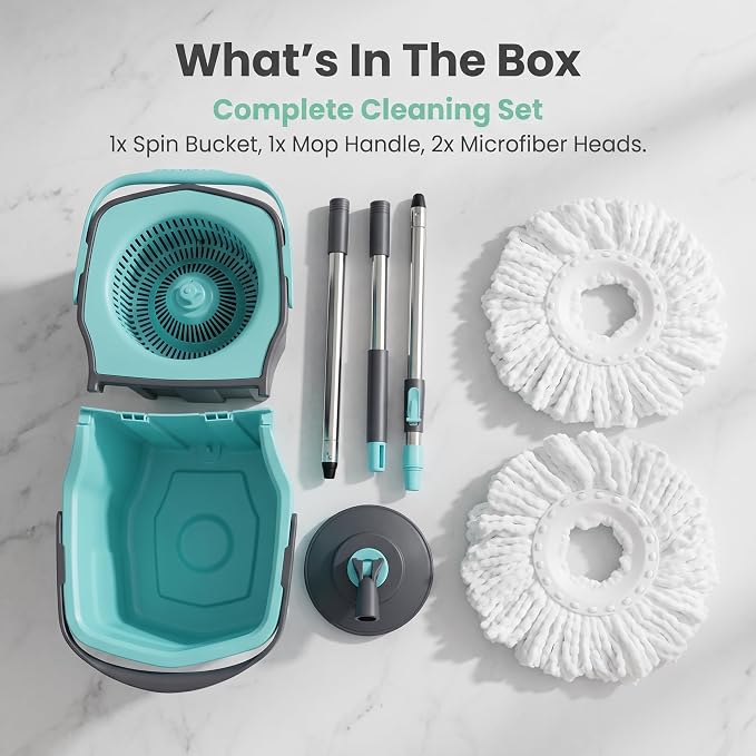 Spin Mop and Bucket Set with 2 Mop Heads, Teal and Grey | Hands-Free Wringing, Detachable Bucket, Deep Clean Microfiber, All Floor Types, Stainless Steel Handle