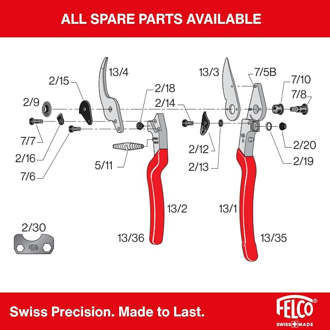 Felco F-13 Pruning Shears – 10.6" Garden Clippers with Dual-Hand Use & 30mm Cut | Hand Pruners for Gardening | Garden Tool Cutter with Bypass & Anvil Blades, Forged Aluminum Handle, Large Hand Fit