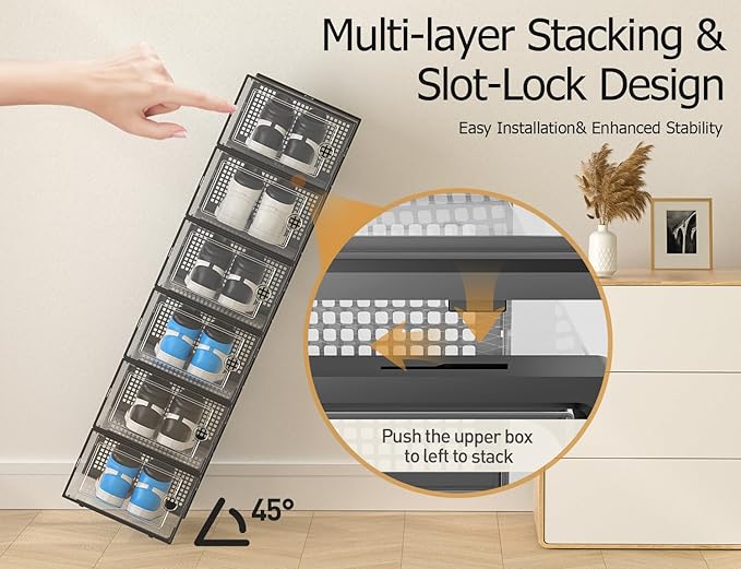 Kuject XX-Large Shoe Storage Boxes Organizers Clear Plastic Stackable 12 Pack, Shoe Rack & Holder Substitute, Sneaker Containers, Shoe Storage Organizer Bins for Closet, Under Bed, Black(No Fold Line)