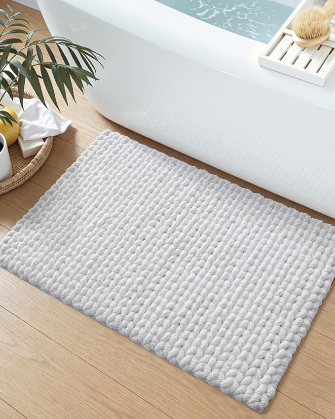 DEXI Bathroom Rugs 36x24, Non Slip Washable Bath Mat, Luxury Chenille Super Absorbent Ultra Thick Bathmats for Shower Floor, Plush Fluffy Shaggy Carpet for Tub, White