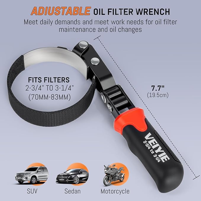 Small Oil Filter Wrench, Oil Filter Removal Tool Fits Filters 2-3/4" to 3-1/4", with Nylon Anti-Slip Strap & 180° Swivel Head, Steel Band Filter Wrench for Compact Car Motorcycle Oil Change