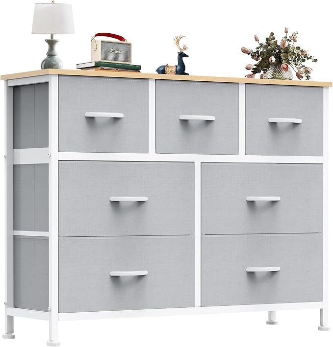OLIXIS 7 Drawer Closet Organizer Chest, Fabric Storage Tower with Sturdy Steel Frame, Wooden Top & Easy Pull Fabric Bins, Dresser for Bedroom Living Room Entryway Clothes Organization, Light Gray