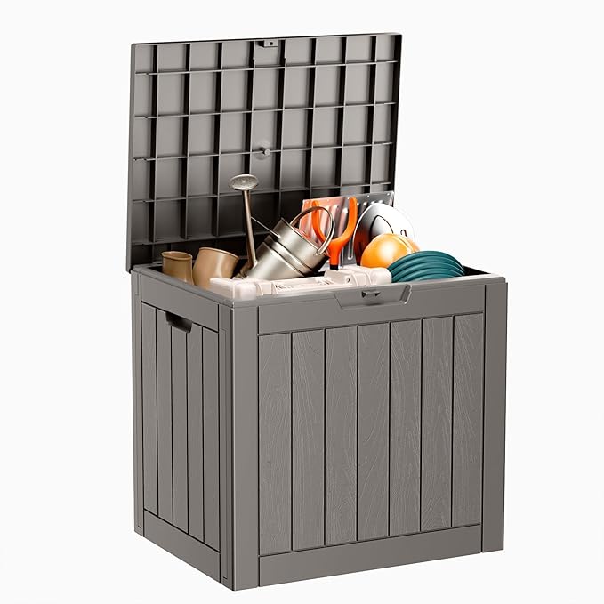 DRATO 35 Gallon Outdoor Storage Box Waterproof, Lockable Resin Deck Box for Patio Furniture, Pool Supplies & Garden Tools, Weatherproof Outside Storage Bin for Backyard Porch (Grey, 35 Gallon)