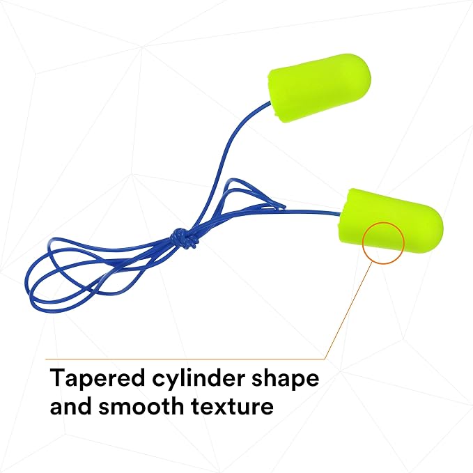 3M Ear Plugs, E-A-Rsoft Yellow Neons 311-1251, 200 Pair of Disposable Earplugs, Pairs Individually Wrapped, Slightly Longer, Corded, 33 NRR, Tapered Cylinder Shape, Slow Recovery Foam