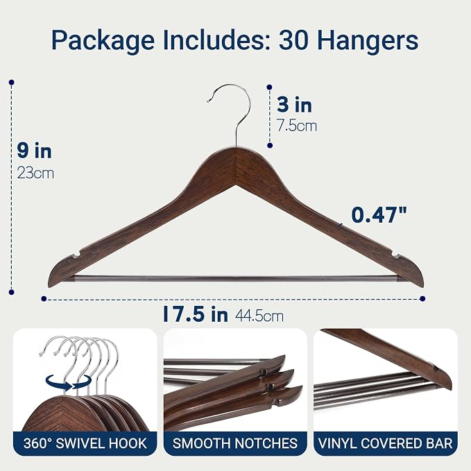 Amber Home 30 Pack Retro Wooden Coat Hangers, Vintage Wood Suit Hangers with Non-Slip Pant Bar, Clothes Hangers for Closet Organization, Shirts, Jackets, Dresses, and Pants (Retro, 30)