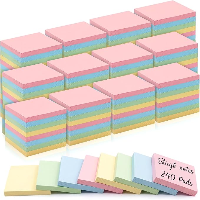 Fainne 240 Pack Sticky Notes Bulk 3 x 3 inch Self Stick Note Pads Multicolor Paper Memo for Office School Supplies Student Teacher Classroom Back to School Essentials, 50 Sheet/Pad (Simple Color)
