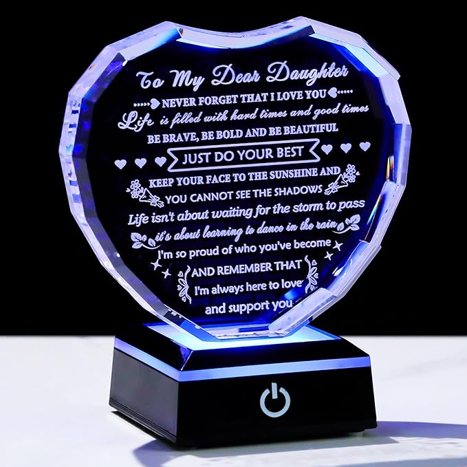YWHL Meaningful Daughter Gifts from Mom Dad, Birthday Gifts for Adult Daughter Heart Crystal Keepsake with Colorful Light Base, to My Daughters Present on Christmas Graduation Valentine Day