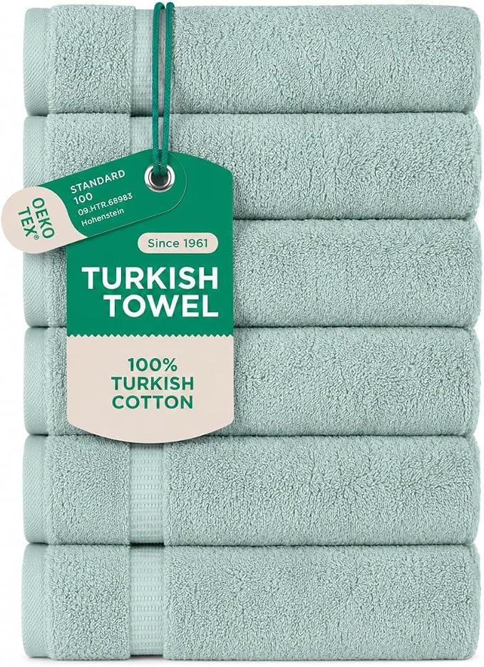 SALBAKOS 6-Piece 100% Turkish Cotton Hand Towels, 16x30 inch, Seafoam Green | Large Size Thick Super Soft Highly Absorbent, Versatile Hair Face & Hand Drying Towel, Premium Hotel Quality Made in Turkey