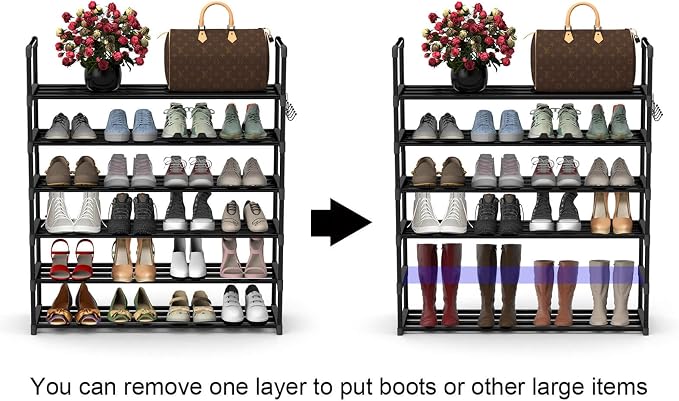 Hsscblet 6 Tiers Metal Shoe Rack,Adjustable Shoe Shelf Storage Organizer with Hooks,Stackable Boot & Shoe Storage,for Entryway,Hallway,Closet,Black