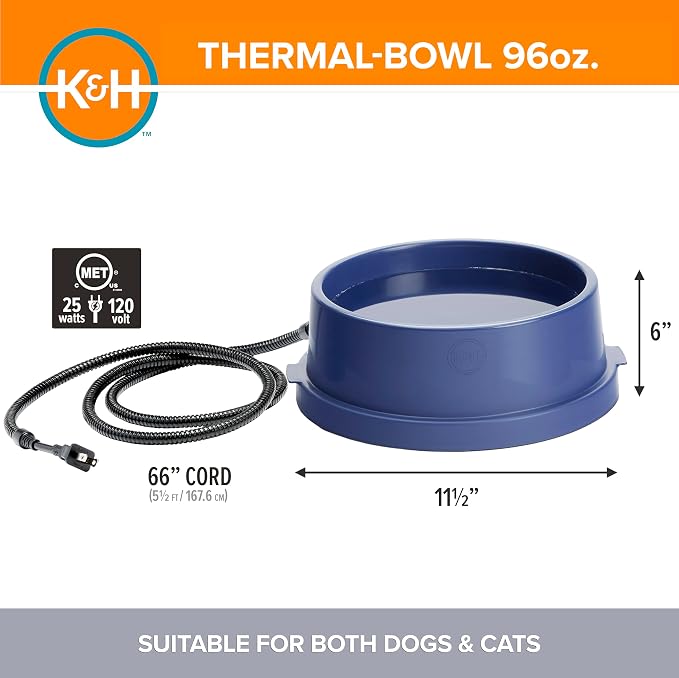 K&H Pet Products Thermal-Bowl Heated Water Bowl for Cats & Dogs Outside, Safety Listed Outdoor Heated Dog Dish for Pets, Automatic No Freeze, Anti Chew Cord - 96 Ounces Blue 25W | Outdoor Water Stays Unfrozen In Winter. Outdoor Heated Dog Dish for Pets...