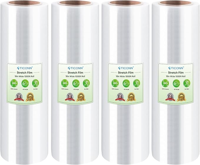 TICONN 4Pk Stretch Wrap Stretch Film Roll, 1000ft Industrial Strength 18 inch Wide Clear Plastic Wrap for Pallet Wrapping Shipping Moving (No Handle)