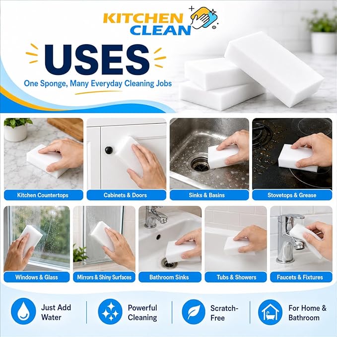 ™ Melamine Magic Eraser | Walls Stain Remover Sponge | Kitchen Latest Cleaning | Home Kitchen Bathroom Tiles, Lime Scale on Taps Wall Stains Cleaning (Pack of 8 Pcs)