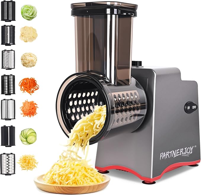 Electric Cheese Grater 250W, 7-in-1 Salad Maker & Vegetable Slicer Shredder with Widened Feeding Port for Block Cheese, Carrots, Potatoes & Fruits, Professional Food Grating Machine