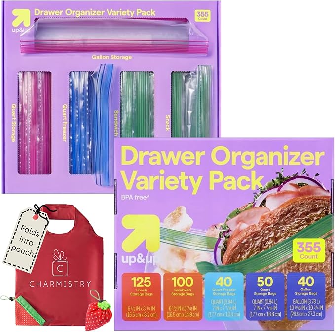 355-Count Food Storage Bags Variety Pack - Assorted Clear Plastic Bags (5-in-1: Snack/Sandwich/Quart Freezer/Quart/Gallon) with 1 Reusable Grocery Bag Tote