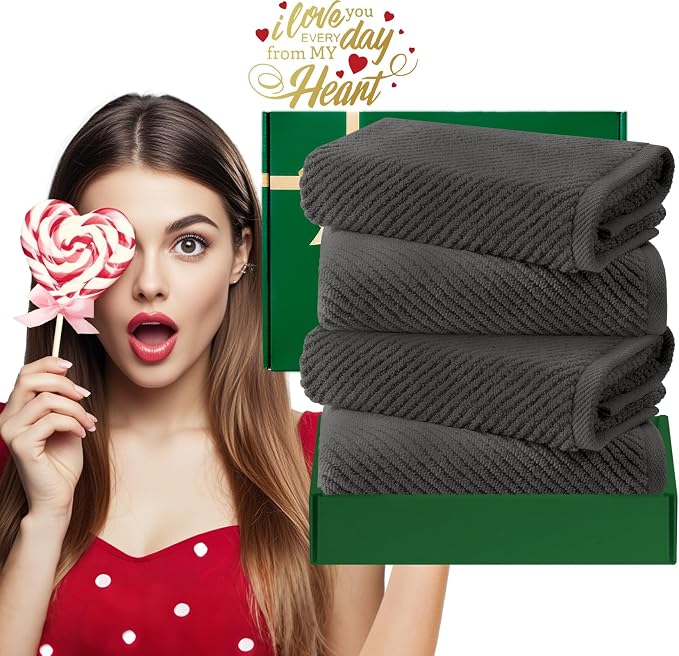 VOOVA & MOVAS Hand Towels 4PC, 100% Cotton, 18x28 in, Dark Grey | Thick, Quick Dry, Absorbent, Soft, Bathroom Essentials, Ideal For Daily Shower, Face Washing, Gym