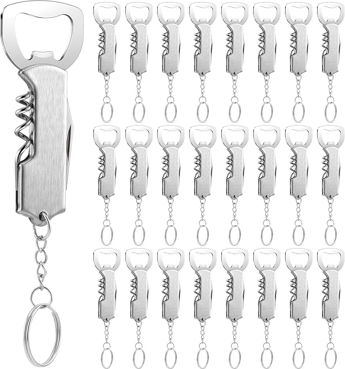 24 Pcs Bottle Opener Keychain Bulk Wine Bottle Beer Opener Keychain 3.27" Stainless Steel Corkscrew Waiter Corkscrew Wine Keyring Gifts for Christmas Bar Party Wedding Home (Silver)
