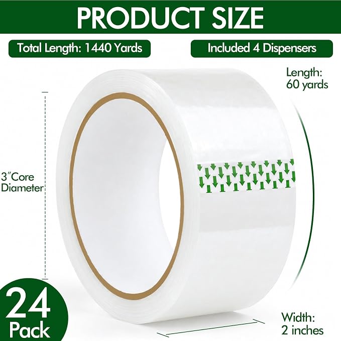 24 Rolls Clear Packing Tape with 4 Dispensers, Heavy Duty Packing Tape Refills for Moving Mailing Packaging Shipping Supplies, 2.0 inches x 60 Yards Per Roll
