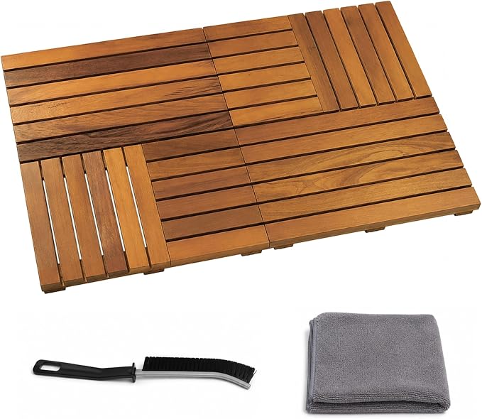 Foldable Teak Shower Mat, 36 x 20 Inch Large Teak Wood Bath Mat with Non-Slip Pads, Wooden Shower Mat for Bathroom, Indoor Outdoor Wood Shower Mat with Cleaning Brush and Cloth