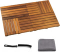 Foldable Teak Shower Mat, 36 x 20 Inch Large Teak Wood Bath Mat with Non-Slip Pads, Wooden Shower Mat for Bathroom, Indoor Outdoor Wood Shower Mat with Cleaning Brush and Cloth