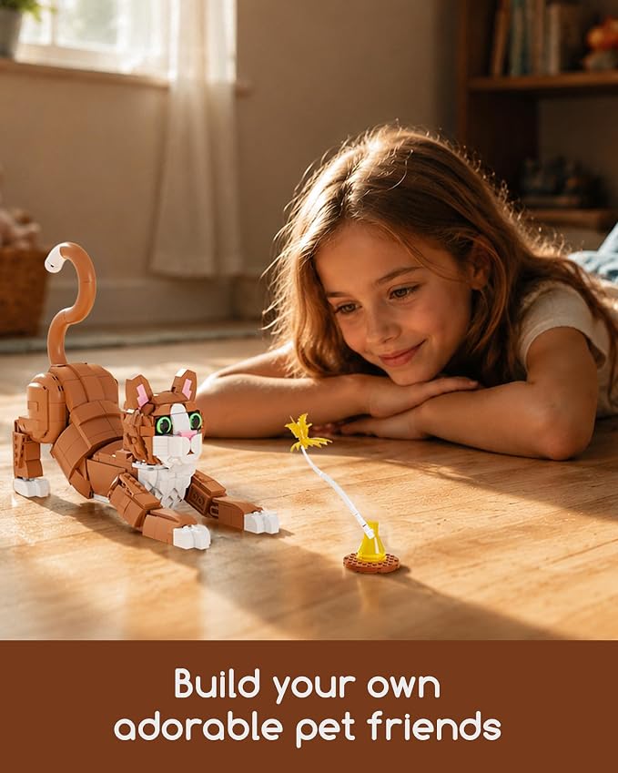 3-in-1 Orange Cat Building Set, Build a Cat, Dog or Rabbit, Creative Animal Building Toy for Kids Ages 8+, Gift for Animal Lovers, Girls and Boys