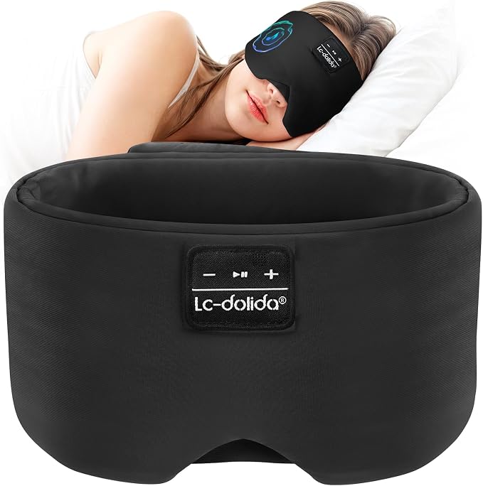 LC-dolida Bluetooth 5.4 Sleep Mask, Ice Silk Sleep Headphones for Side Sleepers, Adjustable Blackout Eye Mask with Bluetooth Headphones, Ultra-Soft Sleeping Mask for Women & Travel (Black)