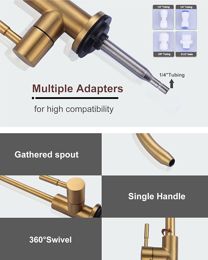 Kitchen Faucet and Water Filter Faucet Combo, WOWOW Stainless Steel Kitchen Sink Faucet with Drinking Water Faucet for Reverse Osmosis or Water Filtration System, Brushed Gold