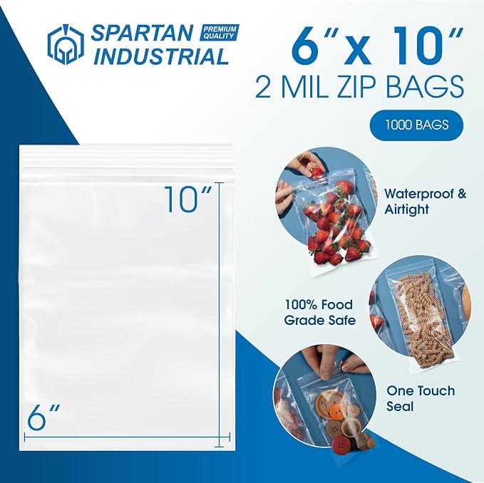 Spartan Industrial - 6” X 10” (1000 Count) 2 Mil Clear Reclosable Zip Plastic Poly Bags with Resealable Lock Seal Zipper