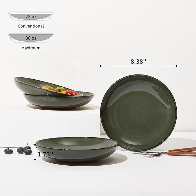 Pokini 16 Piece Double Bowl Dinnerware Sets with Pasta Bowls, Highly Chip and Crack Resistant Plates and Bowls Sets, Natural Earthyware Ceramic Dishware Sets, Service for 4 Blackish Green