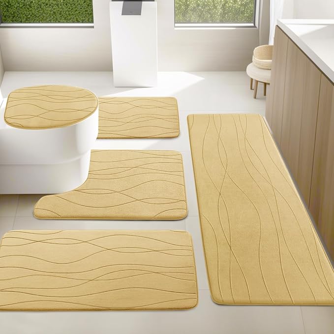 YIHOUSE Bathroom Rugs Set 5 Piece, Memory Foam Bath Mat Beige | Ultra Soft, Absorbent, Non-Slip, Machine Washable, for Bathroom, Sink and Toilet