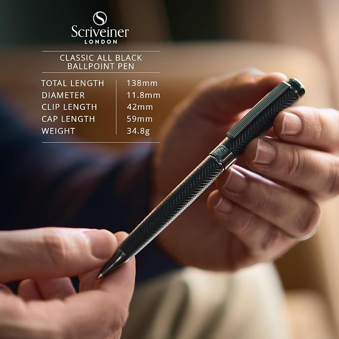 Scriveiner All Black Ballpoint Pen -Stunning Luxury All Metal Matt Black Pen, Schmidt Black Refill, Best Gift Set for Men & Women, Professional Executive Office, Nice Fancy Designer Pens