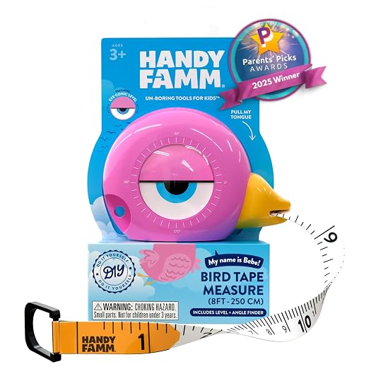 Handy Famm Kids Tape Measure – 8ft Pink Bird Retractable Measuring Tape with Level & Protractor, STEM Montessori Tool, Toddler Safe, Gift for Boys & Girls Ages 3+