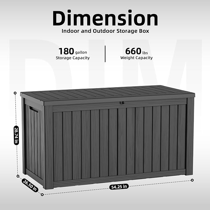 DRATO 180 Gallon Deck Boxes Outdoor Waterproof, Lockable Outdoor Storage Box for Patio Furniture Pool Supplies Garden Tools, Weatherproof Resin Storage Box for Backyard (Black, 180 Gallon)