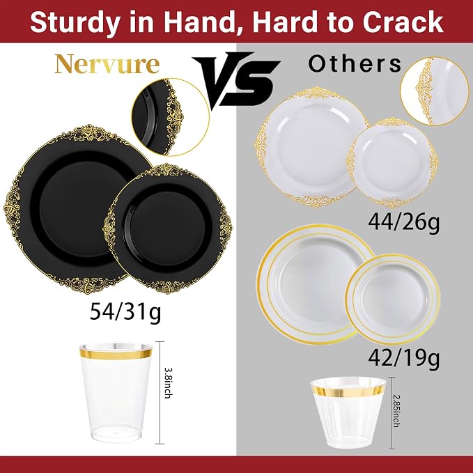 Nervure 350PCS Black Plastic Plates - Black Plastic Dinnerware Sets for 50 Guests - 100 Disposable Plates, 150 Gold Silverware, 50 Cups, 50 Napkins for Wedding & Party & Graduation & Retirement