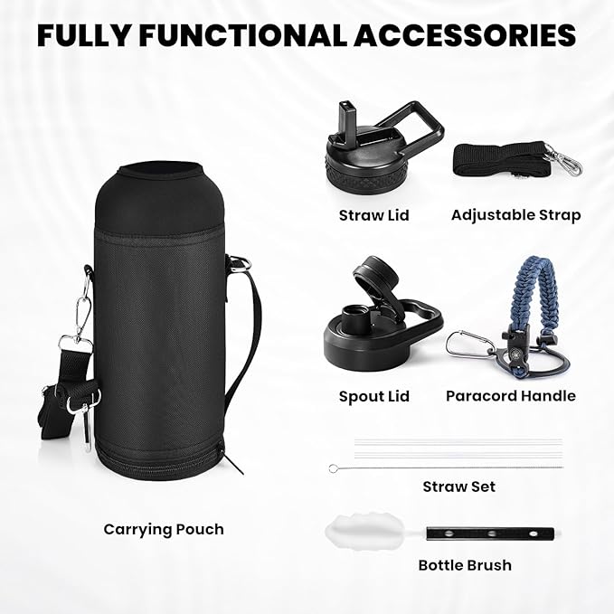 RAYMYLO Insulated Water Bottle 40 oz, Triple Wall Vacuum Stainless Steel (Cold for 36Hrs, Hot for 18Hrs), Leak Proof & Non-BPA, Modern Water Flask Jug with Paracord Handle & Straw Spout Lids