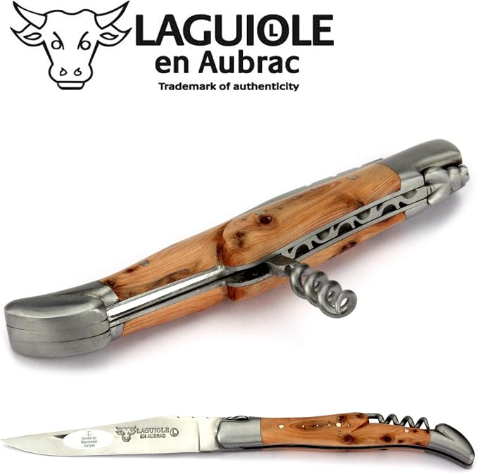 Laguiole en Aubrac Handmade Knife 12 cm Corkscrew L0312GEIF Juniper Wood Handle, Blade and bolsters Stainless Steel