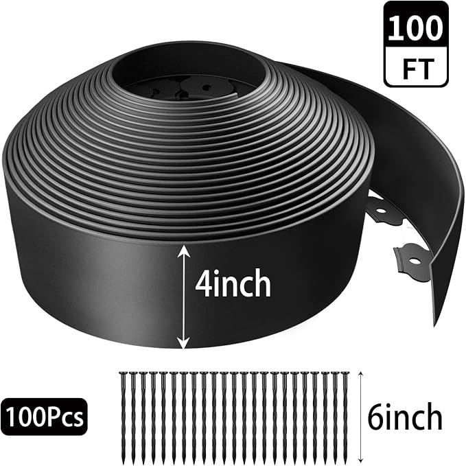 Kryonix 4 in x 100 ft Landscape Edging with Stakes | Flexible plastic no-dig garden edging with 100 stakes. Easy install for lawns, flower beds & landscaping.