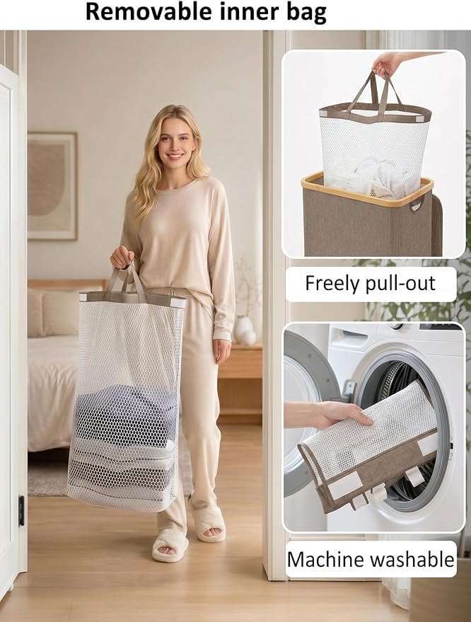 IEGrow Laundry Hamper with Lid,110L Laundry Basket with Mesh Bags,Brown | Dirty Clothes Hamper Basket with Bamboo Handle for Clothes Towels