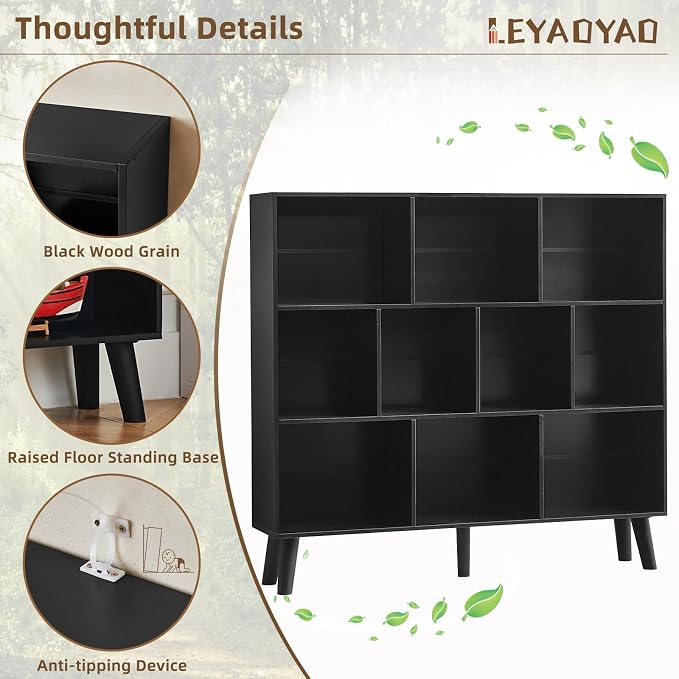 LEYAOYAO 8 Cube Bookshelf, Mid-Century Modern Book Shelf with Legs, Black | 3 Tier Bookcase, Rustic Wood Bookshelves Freestanding Large Storage Organizer, Open Shelves for Bedroom, Living Room, Office