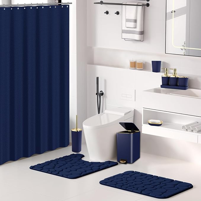 Bathroom Sets with Shower Curtain and Rugs Bathroom Accessories Set Navy Blue Bathroom Set,Soap Dispenser & Toilet Brush Holder Set with Stainless Steel Trash Can(23 PCS)