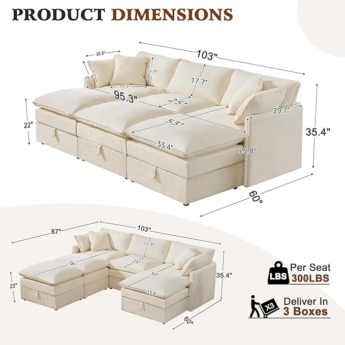 Ihanherry Oversized Sectional Sofa Bed with Storage, 103" 6-Seater Modular Cloud Couch with Movable Ottomans, Chenille Deep Seat Sleeper Couches for Living Room (Beige)