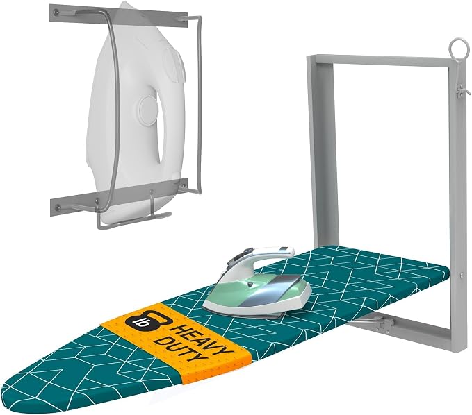 Ironing Board 36.2" x 12.2" Wall Mounted Compact Fold Down | Green and Gray, Space-saving design, cotton cover, compact fit for laundry rooms and closets with Iron Holder