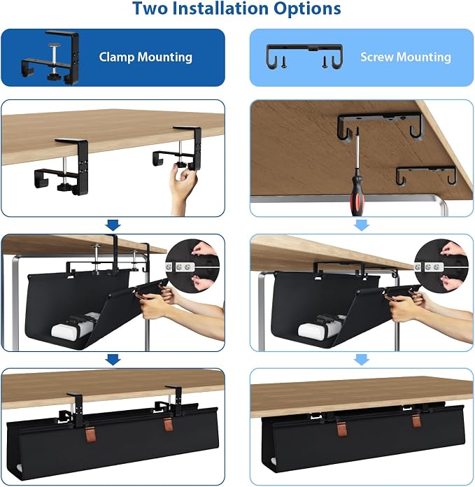 Zilink No Drill Under Desk Cable Management Tray 30" Cord Organizer for Table Clamp/Screw Mount Desk Cable Management Sturdy Waterproof Fabric Cord Hiders for Office, Home