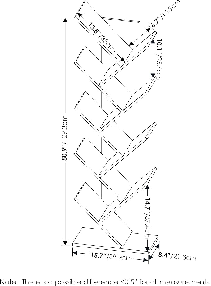 Furinno TREE Book Shelf, 9-Tier Bookshelf, Tree Bookcase with Angled Open Shelf, 8.4 x 15.7 x 50.9, Corner Shelf for Room Decor, for Living Room, Bedroom, Home Office, Espresso
