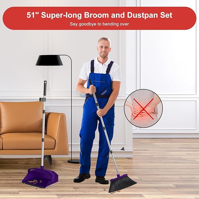 Tiumso Broom with Dustpan Combo Set, Broom and Dustpan Set with 51'' Long Handle, Dust Pan and Brooms, ZeroGap Lip, Self-Cleaning Dustpans Teeth for Lobby Kitchen Restaurant - Purple