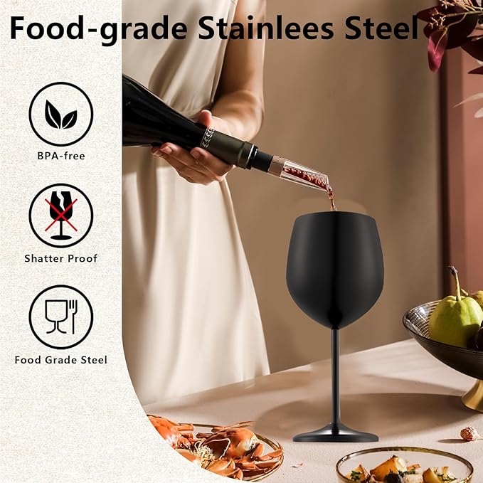 UNISWEET Unbreakable Stainless Steel Wine Glasses Set of 4, Matte Black | 17oz Unique Fancy Metal Wine Goblets, Shatterproof, Ideal for Outdoor, Camping, Travel, Pool, Great Gift for Wine Lovers