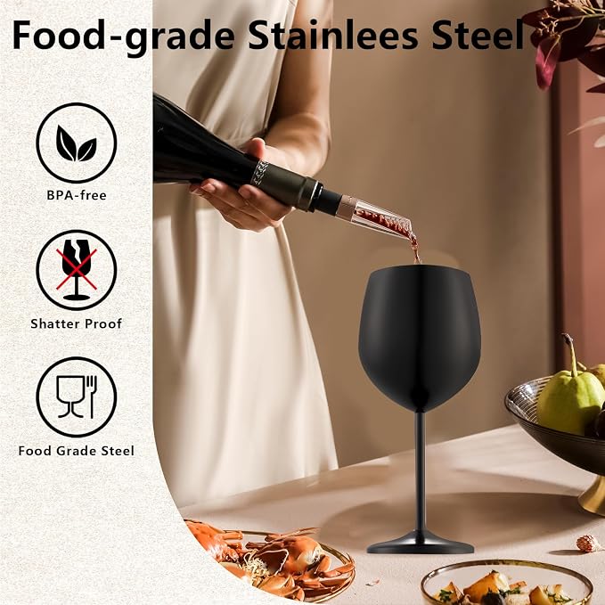 UNISWEET Stainless Steel Wine Glasses Set of 6 with 1 Corkscrew, Matte Black