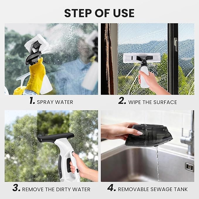 Window Vacuum Squeegee Electric Window Cleaner Window Cleaning Tool with 150ml Dirty Water Tank, Extension Handle for Shower Glass, Window Cleaning Car Windows Tiles Mirrors Glass