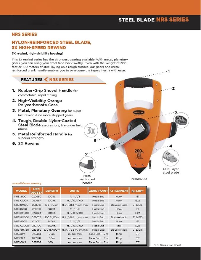 Long Tape Measure, 3/8 in x 300 ft, Orange