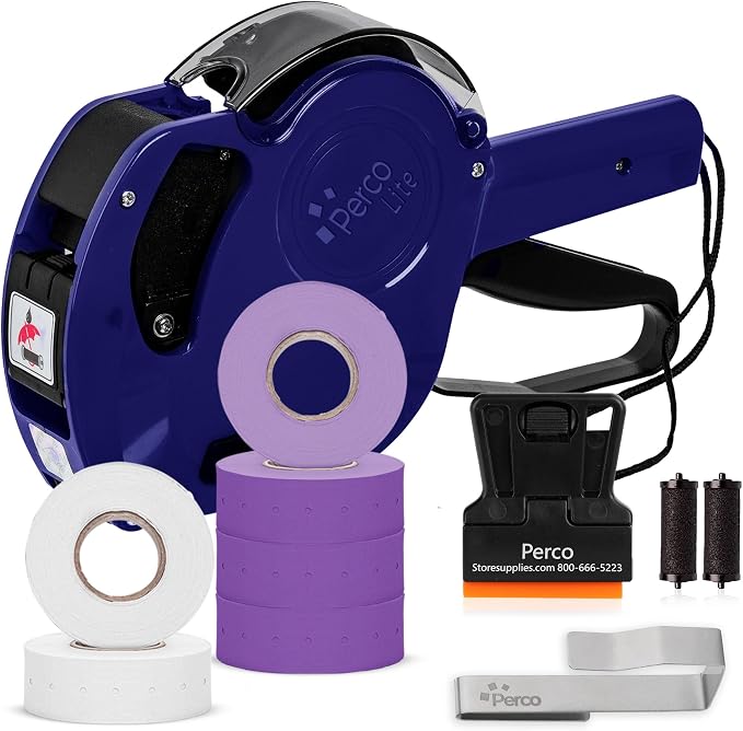 Perco Lite 1 Line Price Gun Kit for Retail Business – Includes 2 White Rolls, 4 Purple Rolls, Gun Clip & Ink Rollers – Pre-Loaded Pricing Gun w Labels & Ink