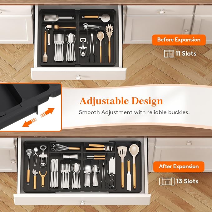 Lifewit Silverware Drawer Organizer, Expandable BPA Free Plastic Utensil Tray for Kitchen, Adjustable Flatware Cutlery Holder for Spoons Forks Knives, 21.3- 36 x 16.9", Black